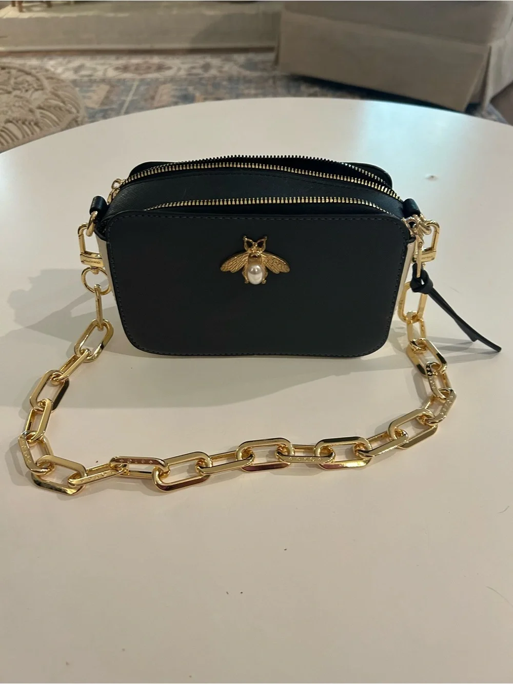 Black Leather Crossbody Bag with Gold Bee Accent - Unbranded